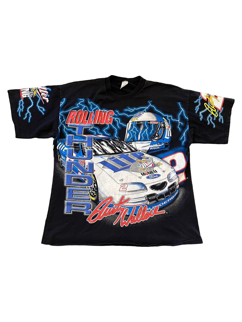 VTG Rusty Wallace Rolling Thunder Miller Lite Sz XXL AOP Single Stitch Shirt